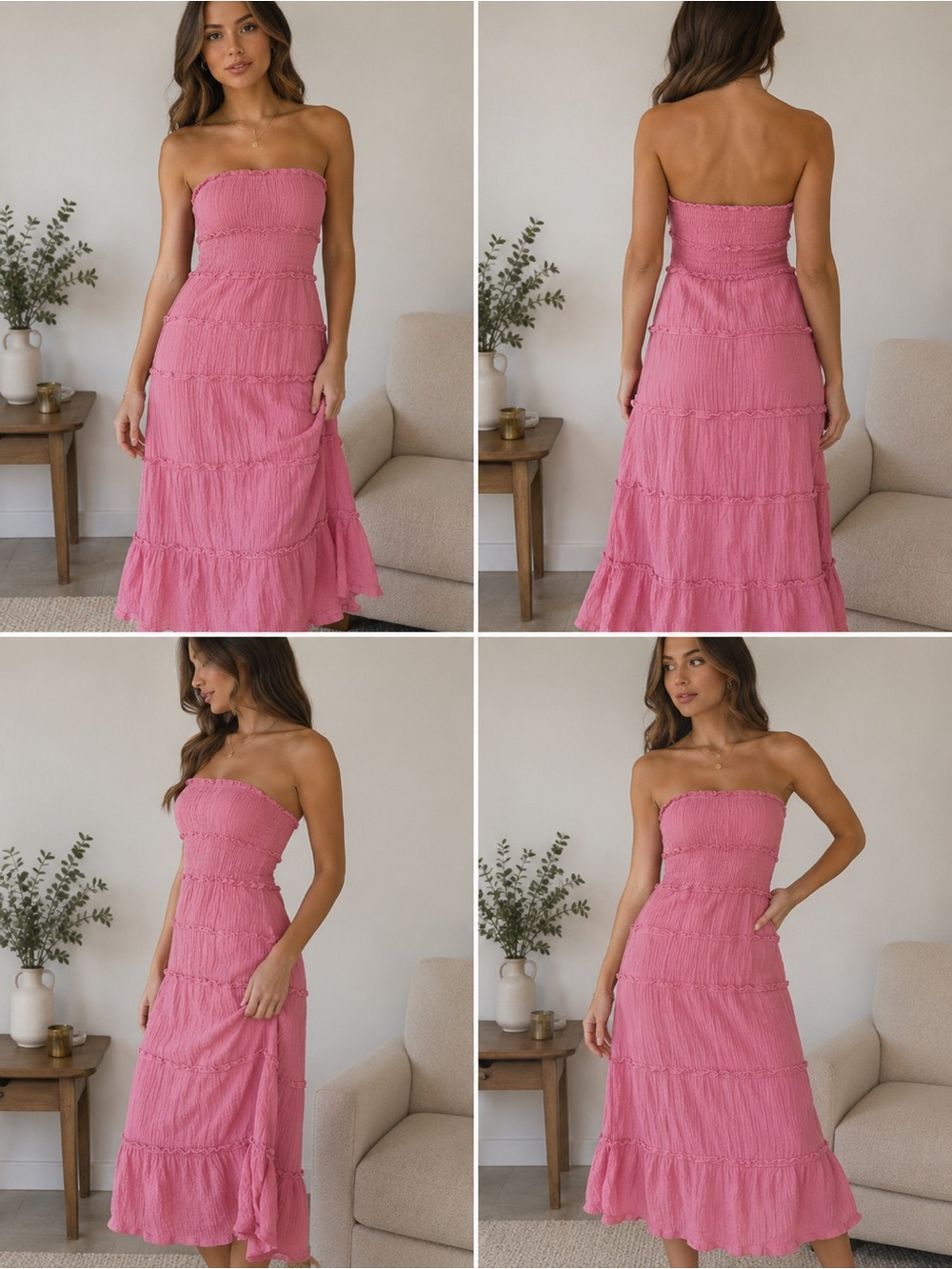 Smocked Strapless Midi Dress in Pink